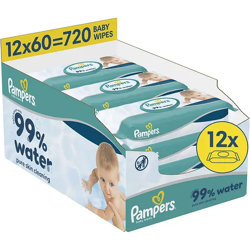 Детские влажные салфетки Pampers 99% Water 720 шт. (12 упаковок x 60 шт.) - фото 1