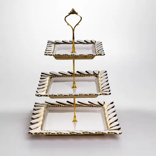 Фруктовница квадратная Yiwu Tiffany трехярусная для сервировки фруктов и сладостей 25х25х34 см фарфоровая стойка для закусок белая ML2083 - фото 4