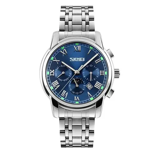 Наручные классические часы Skmei 9121 серебристые с синим циферблатом - фото 2