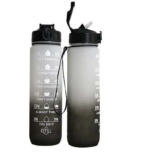 Мотивационная бутылка для воды со временем без BPA Tritan фитнес спорт прогулка black white 1 л - фото 2