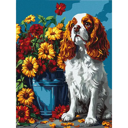 Картина за номерами "Спанієль та квіти" Ideyka KHO6673 30х40 см