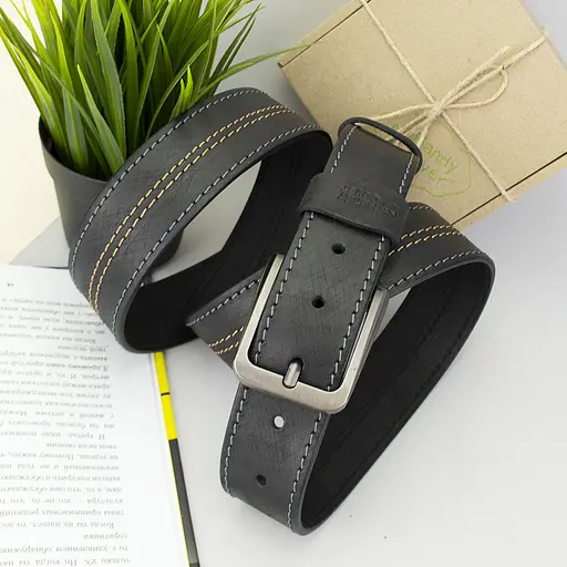 Ремень мужской кожаный черный SF-4001 (125 см) винтажный со строчкой - фото 2