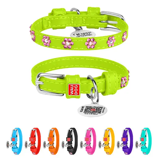 Ошейник для собак кожаный Waudog Glamour с QR-паспортом с клеевыми стразами "Цветы" Ш 9 мм Д 18-21 см салатовый - фото 2