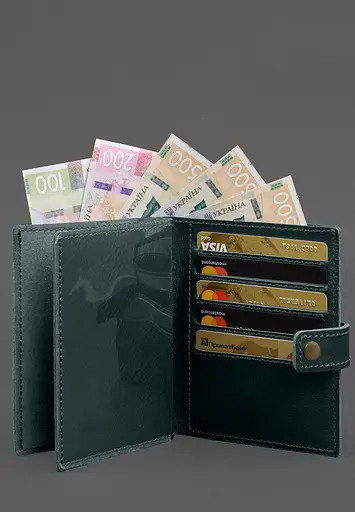 Кожаная обложка-портмоне на паспорт с гербом Украины 25.1 Зеленая - фото 6