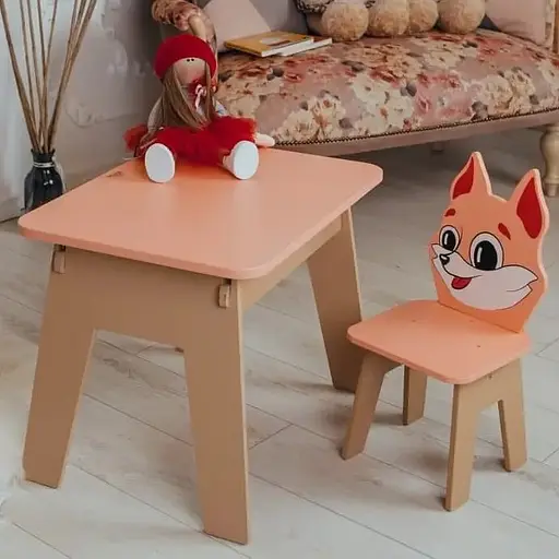 Дитячий стіл з ящиком + стільчик для навчання та гри (Помаранчовий з лисеням)