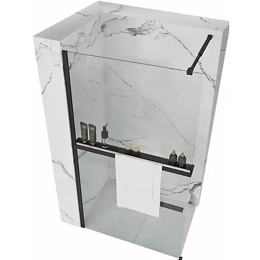 Душова стінка Rea Aero 80 black з полицею Evo REA-K7580 + HOM-00652, прозорий, чорний матовий - фото 1