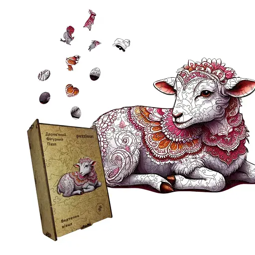 Дерев'яний фігурний пазл Вертепна Вівця, А5, Картонна коробка 35 елементів