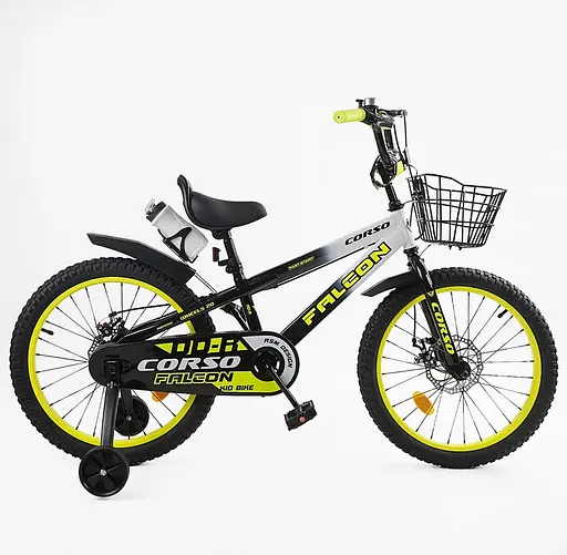 Велосипед Corso Falcon 20" 2-х колёсный FL-20299 стальная рама, диск. тормоза, доп. колёса, звонок, бутылочка, корзинка, собран на 85% - фото 2