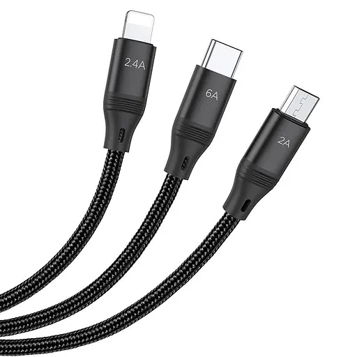 Дата кабель Hoco U104 Ultra 6A 3in1 Lightning-MicroUSB-Type-C (1.2m) Чорний - фото 3
