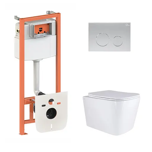 Подвесной унитаз Qtap Tern + инсталляция Qtap Nest 4 в 1 (круглая клавиша Satin), Белый - фото 1