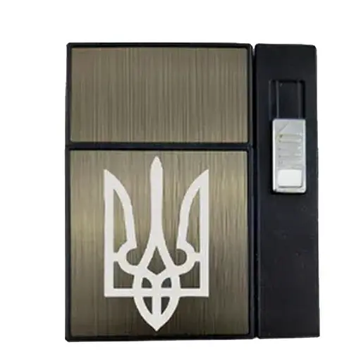 Портсигар на 20 сигарет с двумя зажигалками HL-424 Black Brown, Герб (16374)