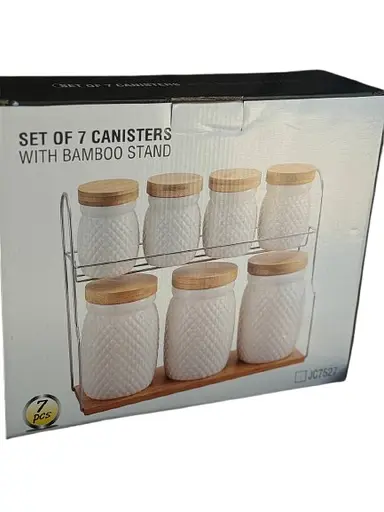 Набір банок для сипучих продуктів TS Kitchen HP-1215-8 кераміка бамбук на підставці 8 предметів Білий - фото 5