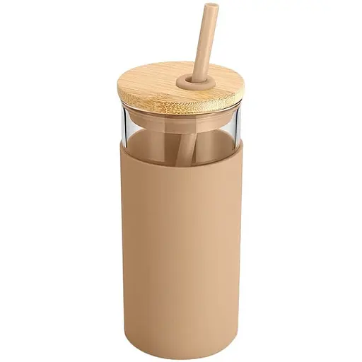 Скляна пляшка OldBro з силіконом 20oz з бамбуковою трубочкою beige 550 мл