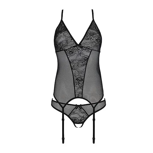 Корсет с пажами трусики с ажурным декором и открытым шагом Passion Ursula CorSet black L/XL - фото 4