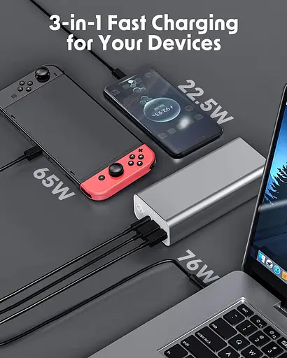 Andizun 30000mAh Power Bank, портативний зарядний пристрій 65 Вт PD і 76 Вт PC USB C, 3 порти зарядки - фото 2