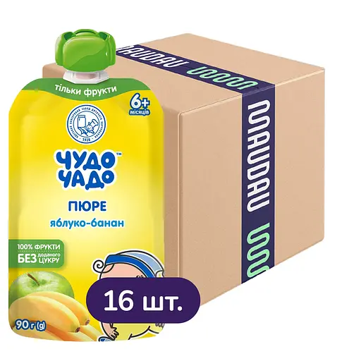 Упаковка пюре Чудо-Чадо Яблоко и банан без сахара 1.44 кг (90 г х 16 шт.) - фото 1