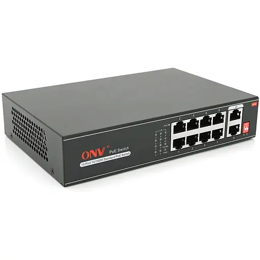 8мы портовый PoE коммутатор с автоперезапуском ONV-H1108PLD, 8хРоЕ 100 Мбит + 2хUplink 100 Мбит до 250м, IEEE802.3af/at, общая мощность 120Вт