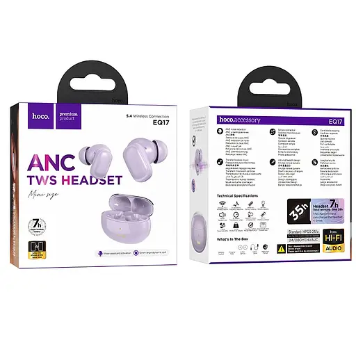 Бездротові навушники Hoco EQ17 Praise true wireless ANC noise cancelling BT headset, BT5.4, 40mAh, 400mAh, 7h, purple - фото 3
