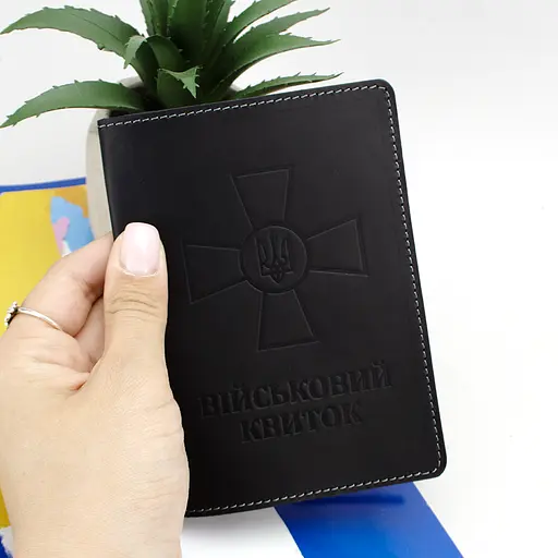 Обложка на военный билет кожаная (черная) с прозрачным клапаном - фото 5