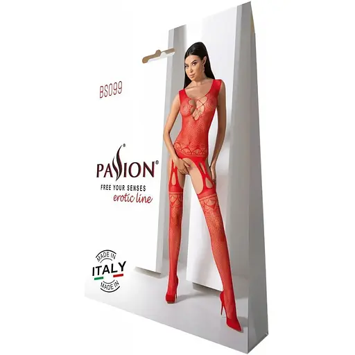 Бодистокинг с плетением на груди Passion BS099 One Size, Red, открытый доступ, имитация подвязок - фото 6