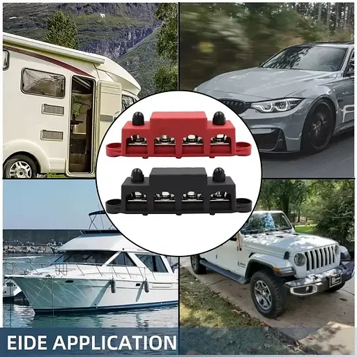 Розподільний блок з шиною Bus Bar з 4-ма шпильками М8 для з'єднання кабелів 12-48V DC, до 250A (червоний) - фото 7