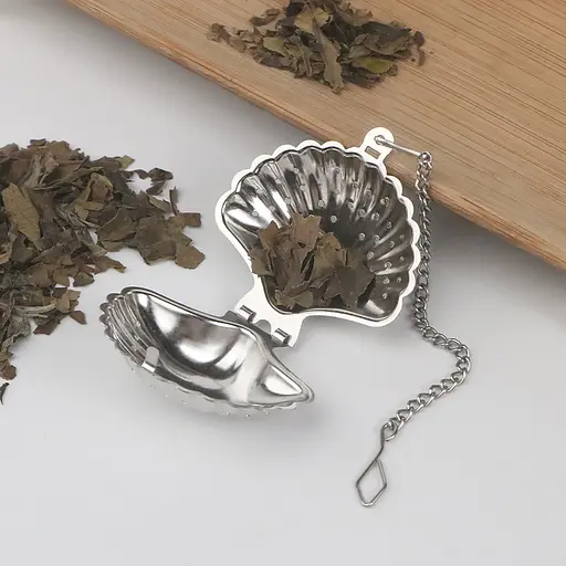 Ситечко заварник для заваривания чая и кофе в форме ракушки с цепочкой из нержавеющей стали Серебристый 88074 - фото 4