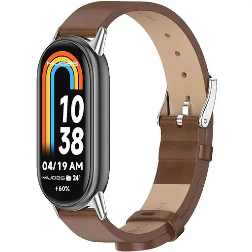 Кожаный ремешок MiJobs для фитнес-браслета Xiaomi Mi Band 8 и 9 Type B коричневый, держатель - серебристый