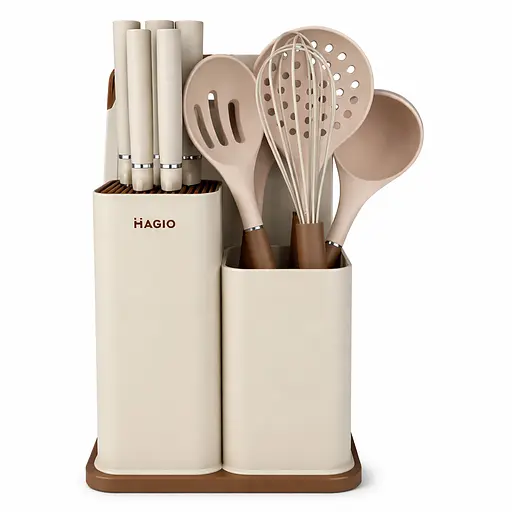 Набір кухонного приладдя силіконовий з 11 предметів із підставкою (вінчик, ополоник, лопатка, ножі, обробна дошка) Magio MG-1097I Бежевий 88103 - фото 1