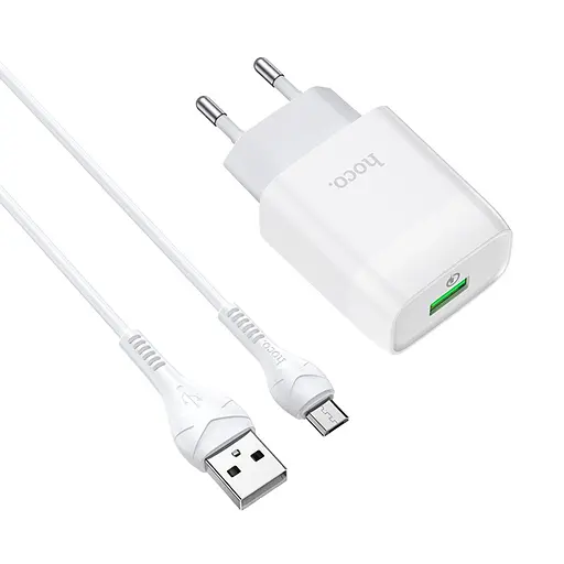 Зарядний пристрій Hoco C72Q USB QC + кабель USB to MicroUSB білий - фото 1