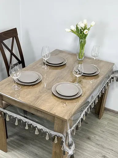 Скатертина силіконова з сіро-молочною бахромою 360х160 см - фото 3