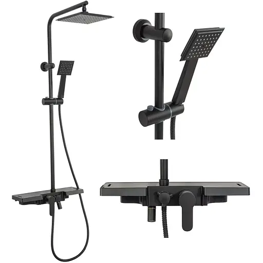 Душова система Rea Bravo чорний з полицею і краном REA-P0636, Чорний - фото 1
