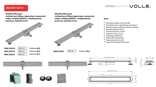 Трап лінійний Volle 600 мм з перфорованою решіткою cepillado cromo Master Linea 9046.210114 - фото 2