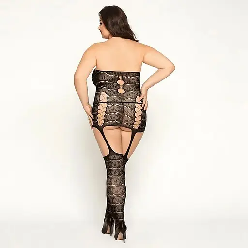 Сетчатый бодистокинг JSY Горячая Эбигейл Plus Size, Black, халтер, имитация чулок, кружево - фото 2