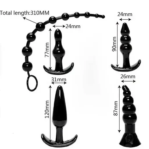 Набір силіконових анальних пробка фігурних з анальним намистом чорний 5 предметів - фото 2