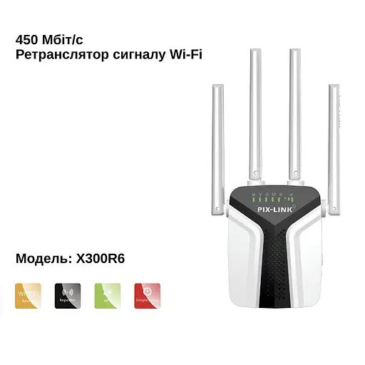 Ретранслятор-маршрутизатор Pix-Link X300R6 450Мбит/с 2.4 ГГц Белый (ZNDWSW021404W 4319) - фото 2
