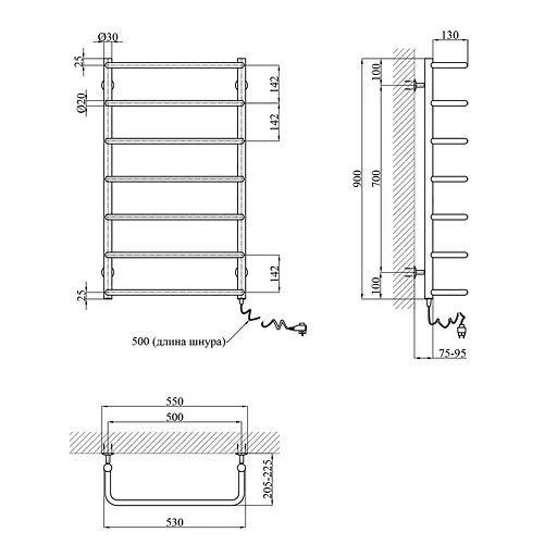 Полотенцесушитель электрический Kroner Скоба ДC12ER 900x500/7 ER CV026146, Хром, Правое - фото 2