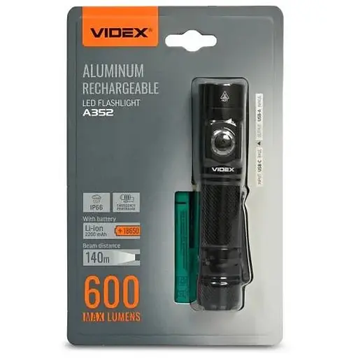 Фонарь ручной Videx A352, Black, 600 Лм, 5000K, до 140 м, 4 режима работы, линзы из закаленного стекла, светодиод Luminus SST20 (10 Вт), аккумулятор (Li-ion 18650 2200mAh), Type-