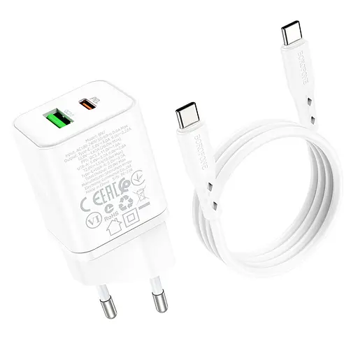 СЗУ Borofone BN7 PD20W+QC3.0 (1USB-A/1C) + кабель Type-C to Type-C White - фото 6