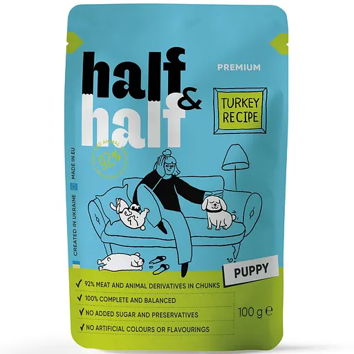Набор влажных кормов Half & Half 5+1 для щенков, кусочки с индейкой в ​​соусе (6 шт. x 100 г) - фото 3