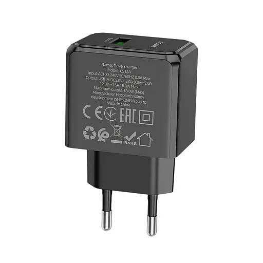 Мережевий зарядний пристрій Hoco CS12A QC3.0 1 USB швидке заряджання чорний - фото 2