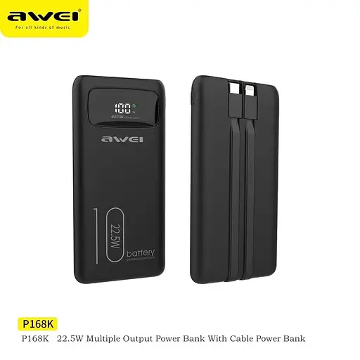 Додаткова батарея - портативний акумулятор Awei P169K 20000 mAh 22 W з 2 кабелями - фото 7
