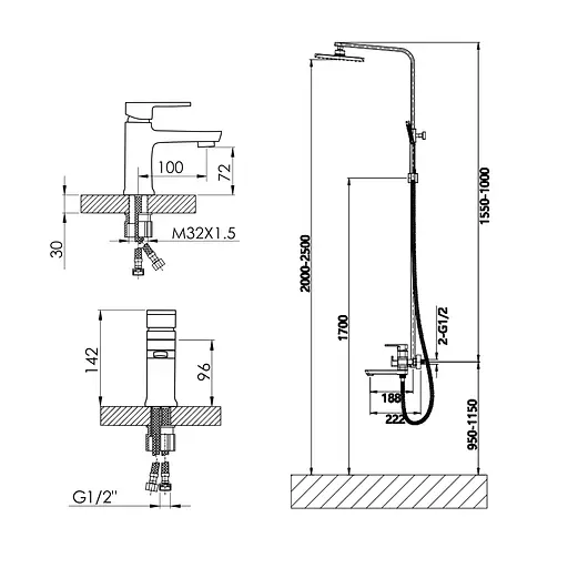 Душевая система с изливом Lidz Wawel 1030 + смеситель для умывальника Lidz Wawel 001 Chrome, Хром - фото 2