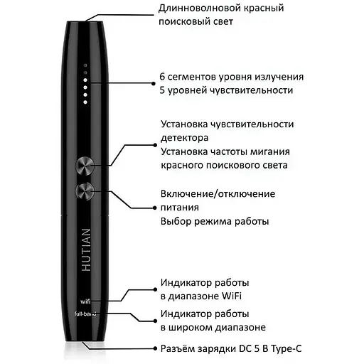 Детектор жучков и скрытых камер Hutian WT09 антижучок 1 МГц – 6.5 ГГц WiFi в виде ручки - фото 2