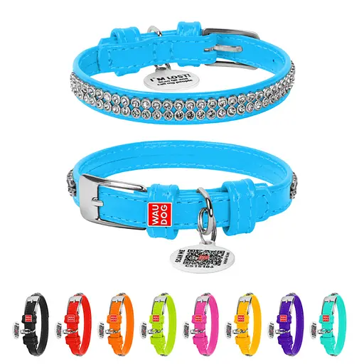 Ошейник для собак кожаный Waudog Glamour с QR-паспортом с украшением "Полотно стразы" XXS Ш 9 мм Д 18-21 см голубой - фото 2