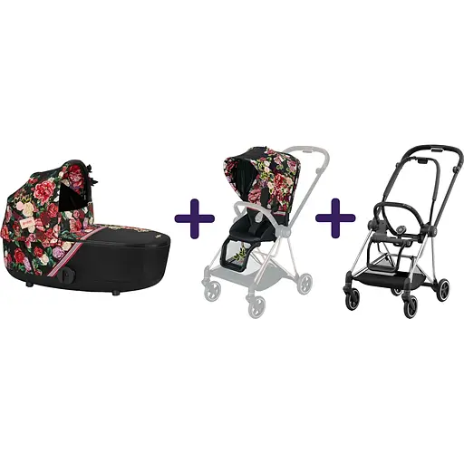 Люлька Cybex Mios Lux R Spring Blossom Dark + Комплект текстилю для прогулянкового блоку Cybex Mios Spring Blossom Dark + Шасі для коляски Cybex Mios LS RBA Chrome Black