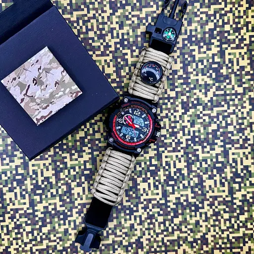 Наручний годинник чоловічий 012BKRDSU ЗСУ Чорний з червоним Паракордний ремінець Khaki + Коробка Patriot acs0031005 - фото 3