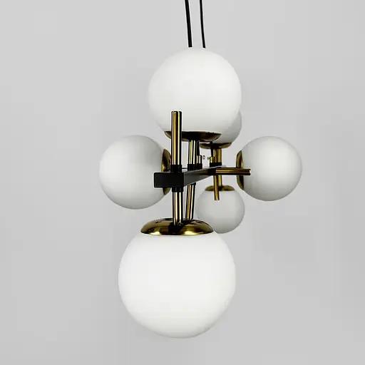 Люстра видовжена чорна із білими плафонами та латунними деталями 90х35 см | Line F | Арт. A81/6 - фото 3