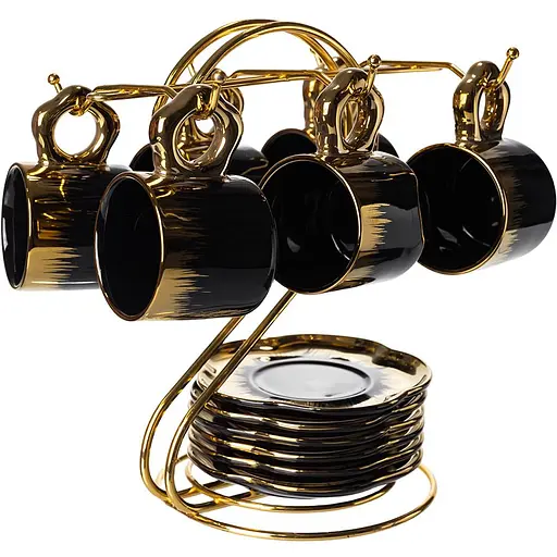 Набор для кофе из фарфора 12 предметов на 6 персон на металлической подставке черный Yiwu FM-47