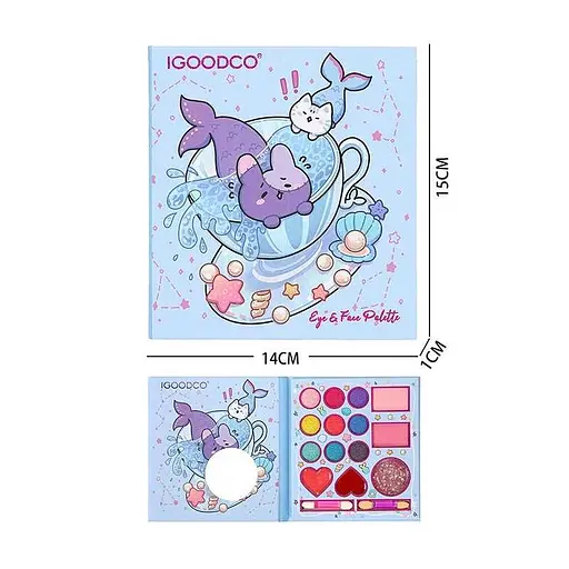 Набір дитячої декоративної косметики, тіні 9 кольорів, рум'яна, блиск для губ, аплікатори IG35511