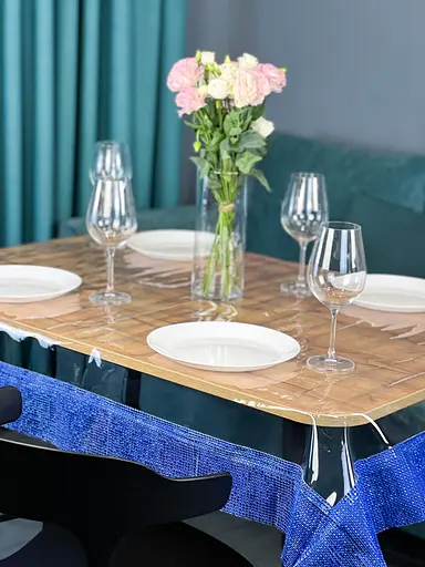 Скатертина силіконова з синьою стразовою стрічкою 200х120 см - фото 7